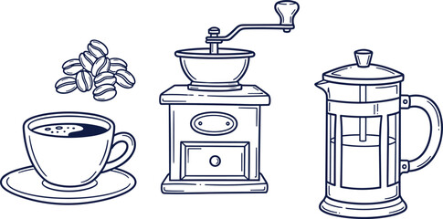 Coffee beans, cup, grinder, French press, brewing tools collection, traditional coffee preparation icons, flat design set, flat vector illustration