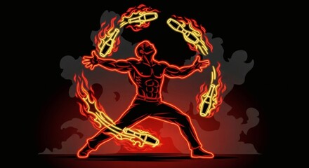 Dynamic illustration of a skilled performer juggling flaming torches during a captivating and dangerous fire show
