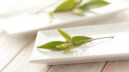 shallow. Fresh green tea leaves on a white plate with natural daylight and soft focus. menu design, packaging mockups, designed for culinary blogs and recipe cards for restaurants.