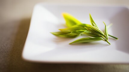 shallow. Fresh green tea leaves on a white plate with natural daylight and soft focus. menu design, packaging mockups, designed for culinary blogs and recipe cards for restaurants.