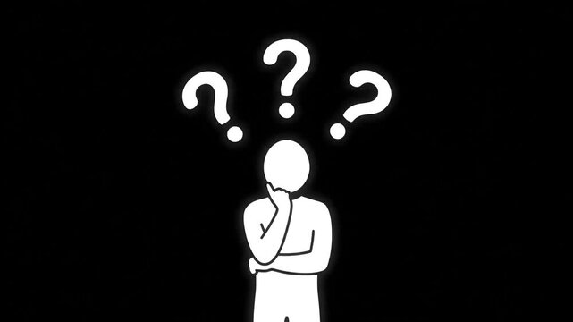 A simple white illustration of a person thinking with three question marks floating above their head on a black background.