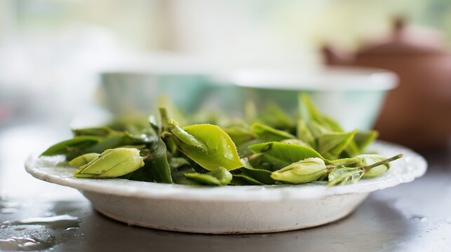 shallow. Fresh green tea leaves on a white plate with natural daylight and soft focus. menu design, packaging mockups, designed for culinary blogs and recipe cards for restaurants.