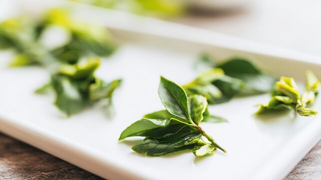 shallow. Fresh green tea leaves on a white plate with natural daylight and soft focus. menu design, packaging mockups, designed for culinary blogs and recipe cards for restaurants.