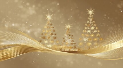 Abstract gold Christmas trees with snowflakes on a ribbon for a winter holiday
