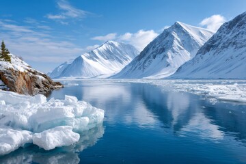Arctic landscape with snowcapped mountains and floating ice