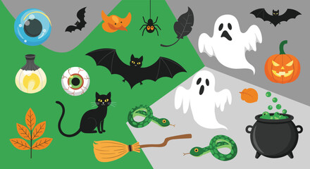 Spooky collection of Halloween elements featuring ghosts, bats, a black cat, pumpkin, cauldron, and various creepy objects for festive designs.