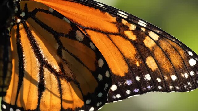 Close-up of a Monarch butterfly wing showcasing vibrant orange and black patterns