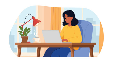 Young woman in a yellow sweater diligently typing on her laptop at a wooden desk in a bright, inviting home office.