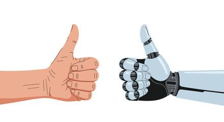 A human hand and a futuristic robot hand both giving a thumbs-up, signifying positive human-AI collaboration and approval of technology.
