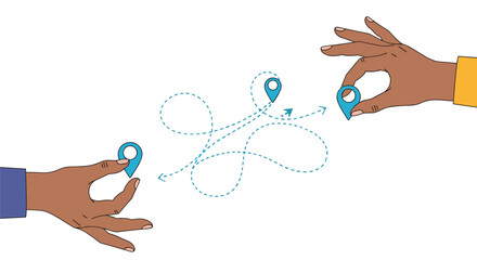 Two hands holding location pins illustrate a complex, winding dotted path with arrows and a central pin, symbolizing a challenging journey or strategic process.