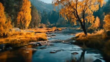 Scenic river flows through autumnal forest with vibrant colors - Powered by Adobe