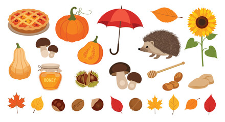 A charming collection of autumn-themed elements, including pumpkins, leaves, a hedgehog, pie, and mushrooms, perfect for fall designs.