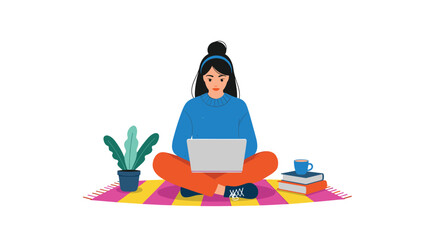 A focused woman engages in remote work or online learning, seated cross-legged on a vibrant rug with a laptop, plant, and books.