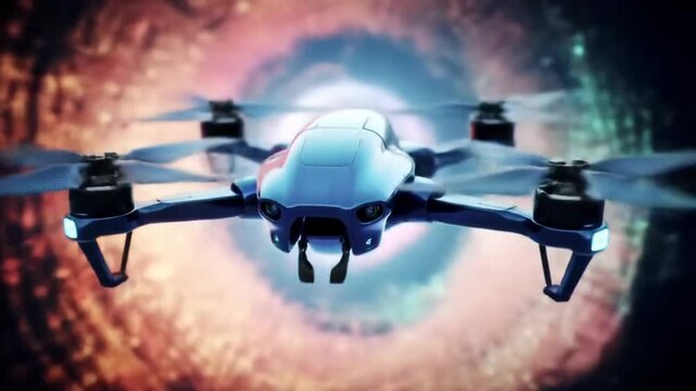 Futuristic fly-drone hybrid flying against blurred color background, conceptual insect tech