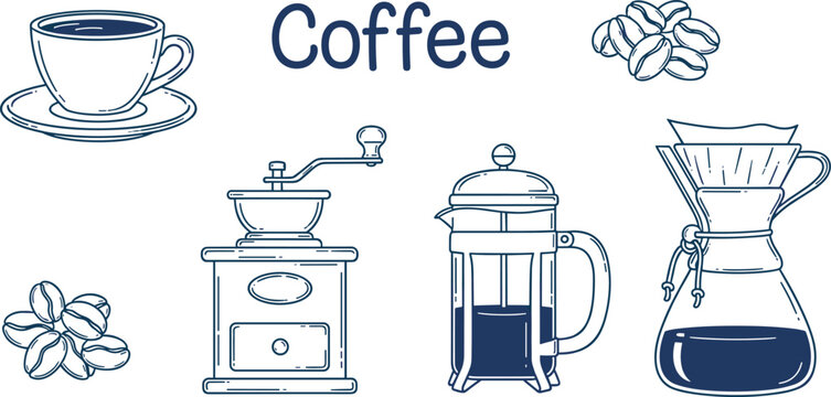 Coffee brewing tools set, French press, Chemex, grinder, beans, cup, &ldquo;Coffee&rdquo; text design, flat vector illustration