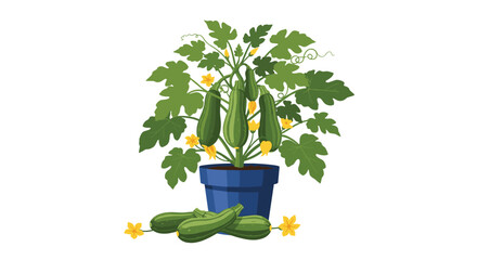 Potted zucchini plant flourishing with green vegetables and bright yellow flowers, with harvested zucchini on the ground.
