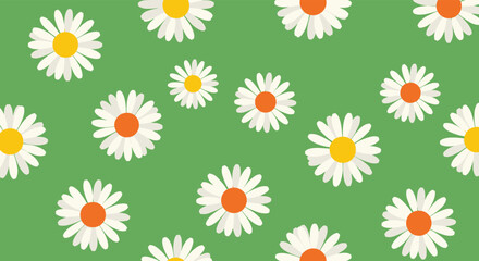 Cheerful seamless pattern featuring white daisy flowers with bright yellow and warm orange centers scattered across a vibrant green background.