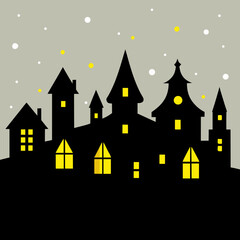 Christmas Village Skyline Silhouette with Glowing Windows