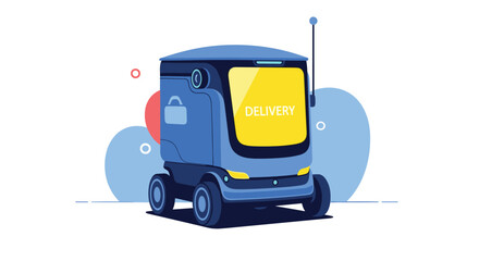 A sleek, blue autonomous delivery robot with a prominent 'DELIVERY' display, representing the advanced technology in smart city logistics.