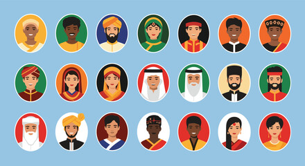 Diverse group of smiling people in traditional attire from various cultures and ethnicities, presented as cartoon avatars.