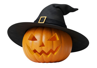 Spooky Halloween pumpkin wearing a witch hat