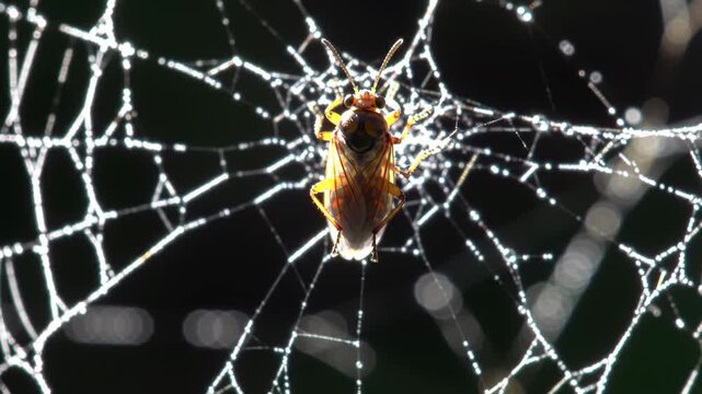 Insect trapped on web in the dark, with water drops. Ideal for biology, nature, and macro imagery