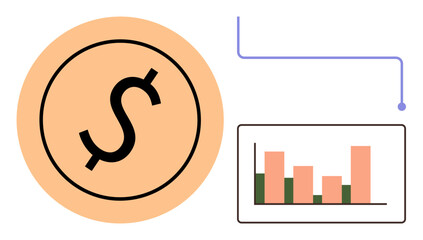 Dollar sign enclosed in a circle with a connected bar chart highlighting financial data trends. Ideal for finance, investment, analysis, planning, growth, economy, strategy simple flat metaphor