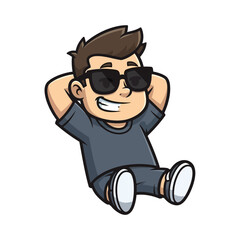 Cartoon boy with sunglasses relaxing with hands behind head.