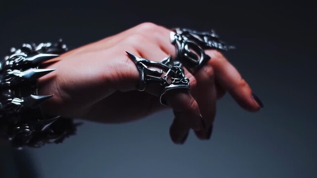 Unique jewelry: close-up video of a hand showcasing designer gothic rings and bracelet