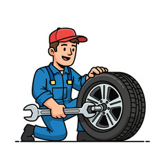 Cartoon Mechanic Tightening Lug Nuts on a Car Tire.