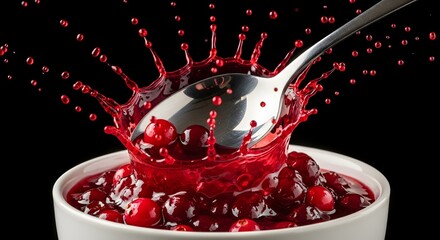 Delicious cranberry sauce with a vibrant splash, perfect for Thanksgiving promotions, holiday recipes, and festive food displays that evoke warmth and joy