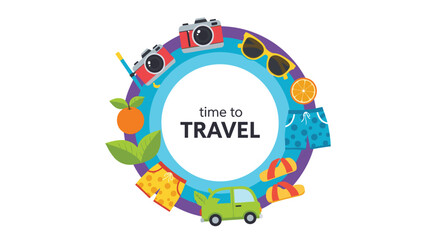 A vibrant circular illustration showcasing essential travel items for a fun summer vacation, with 'time to TRAVEL' at the center.