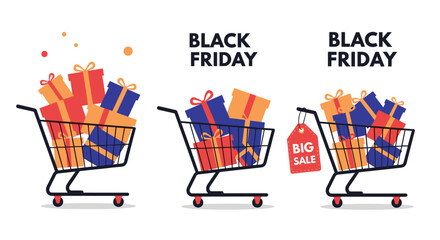 Three shopping carts overflowing with wrapped gift boxes for Black Friday sales and big discounts.