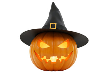 Spooky glowing jack o lantern with witch hat