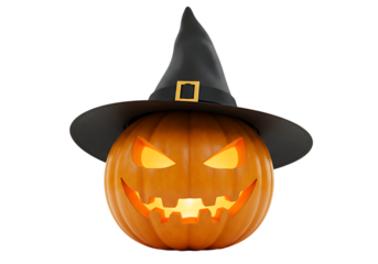 Spooky glowing jack o lantern with witch hat
