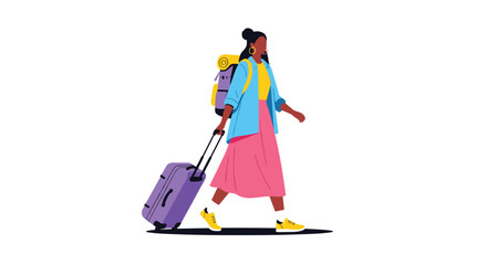 Confident young woman with dark skin, carrying a backpack and pulling a purple suitcase, walking forward in a casual outfit.
