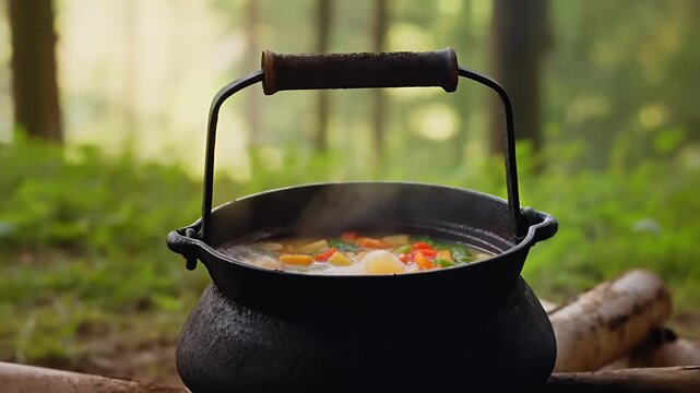 Forest camp soup cooking over campfire ingredients and steaming pot preparation