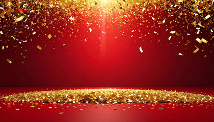 Fototapeta premium 金の紙吹雪。光。背景赤。遠近感。立体感。Gold confetti. Light. Red background. Perspective. Three-dimensional effect.