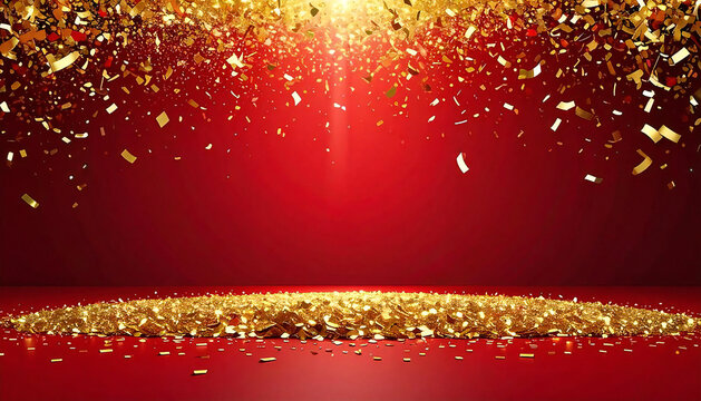 金の紙吹雪。光。背景赤。遠近感。立体感。Gold confetti. Light. Red background. Perspective. Three-dimensional effect.