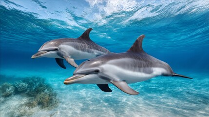Obraz premium Two common dolphins swimming together in clear blue ocean