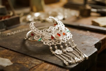 Intricate silver filigree headpiece with red gemstones and dangling beads on a wooden workbench