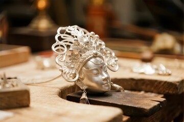 Intricately crafted silver mask with floral headdress displayed on a wooden workbench