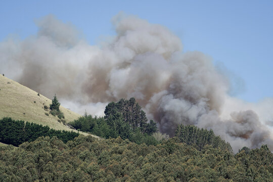 Palmerston, Otago, NZ 27 November 2025: Billowing smoke from forest fire on the flanks of Puketapu mountain. Several fire trucks and two helicopters attended the fire near Palmerston, New Zealand.