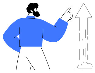 Man pointing upward at an arrow ascending above a cloud, emphasizing progress and ambition. Ideal for leadership, growth, motivation, achievement, business strategy, success aspiration. Simple flat