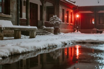 Snow-covered courtyard with traditional architecture and red lantern light reflecting in a puddle