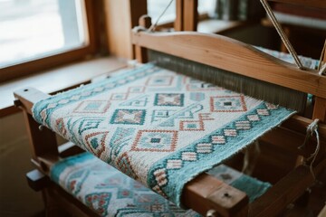 Handwoven textile on a wooden loom with geometric patterns in blue, red, and white
