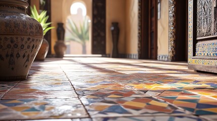 Ornate moroccan interior with colorful geometric tiles and sunlight streaming through an archway