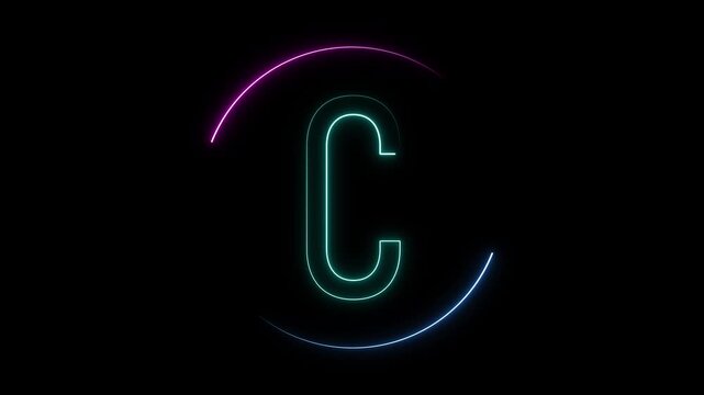 Neon Teal Letter C Inside Circular Neon Light Frame On animation Black alphabet. Animated neon teal C in circular neon frame, perfect for alphabet, typography, and glowing motion graphics.