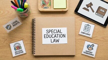 Workspace with notebooks labeled ‘Special Education Law’, organized stationery, highlighting legal rights, inclusive education, compliance and support frameworks