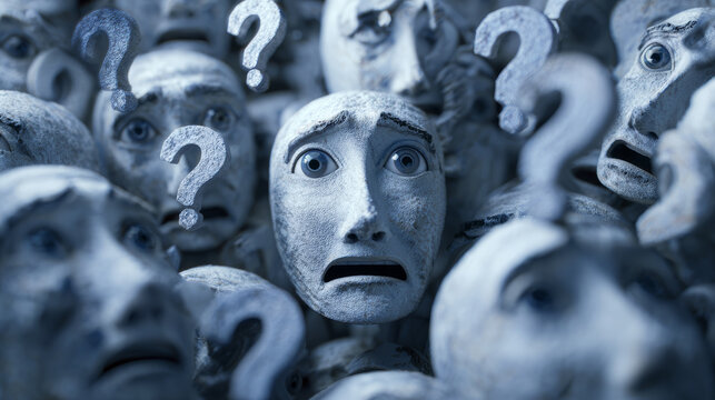 Anxious face question mark confusion crowd worry surreal stone texture blue tone convey uncertainty and tension